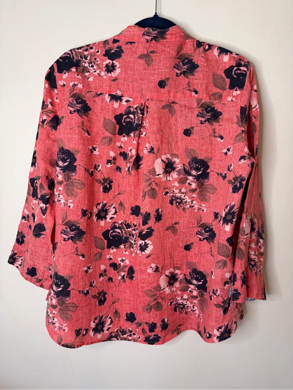 John Mark Coral Floral Band-Collar Tunic Top Linen Pink coral 3/4 sleeve Medium - Picture 10 of 11